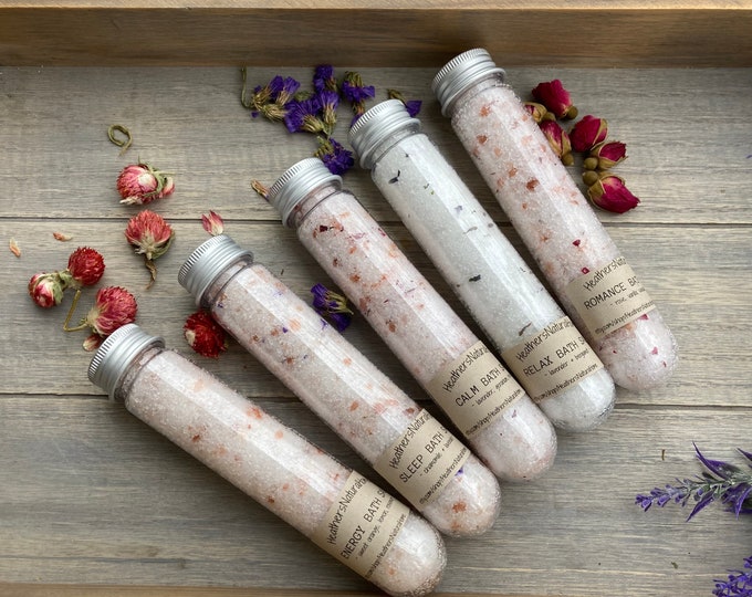 Natural Bath Salts 4oz: Botanical Aromatherapy, Shower Favors, Large Natural Bath Salts, Herbal Bath Salts, Bridal Party Gifts