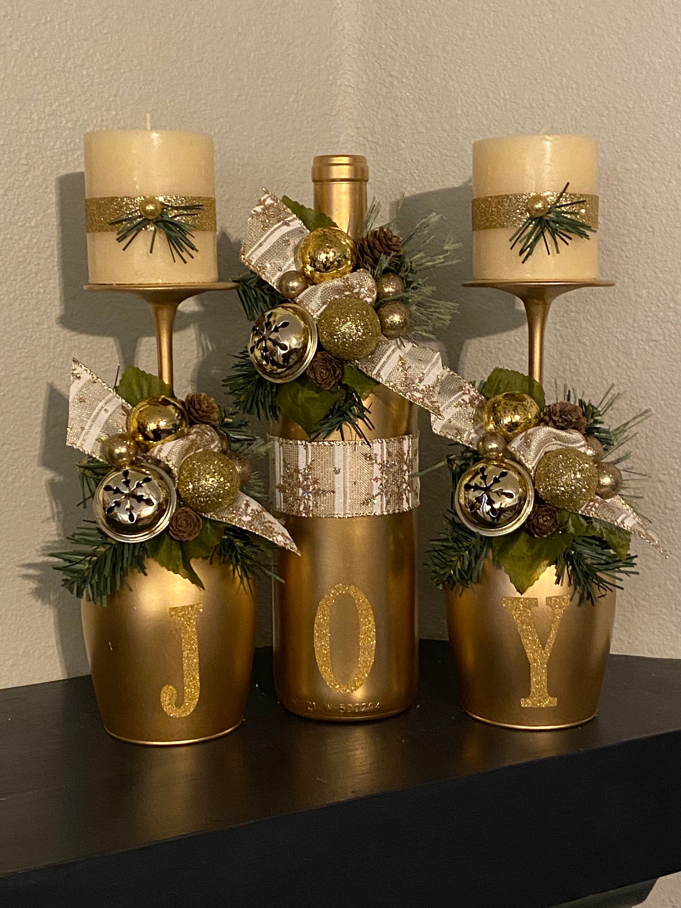 Gold Christmas Joy Candle Holder Set Etsy