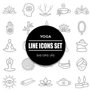 Könnte beinhalten: Ein Satz von 24 Schwarz-Weiß-Linien-Icons, die Yoga-Posen, Symbole und Objekte darstellen. Die Icons sind in einem Raster angeordnet und in einem schwarzen Kreis mit "Yoga Line Icons Set" beschriftet.