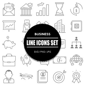 Könnte beinhalten: Ein Satz von 25 Schwarz-Weiß-Linien-Icons, die verschiedene Geschäftskonzepte darstellen, wie z. B. ein Sparschwein, eine Aktentasche, eine Rakete, ein Handschlag, einen Globus, ein Ziel und eine Trophäe. Die Icons sind in einem Raster angeordnet und in einem schwarzen Kreis mit "BUSINESS LINE ICONS SET" beschriftet.