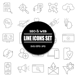 Könnte beinhalten: Ein Satz von 25 Schwarzweiß-Linien-Icons, die sich auf SEO und Webdesign beziehen. Die Icons beinhalten eine Lupe, ein Ziel, eine Wolke, eine Rakete, eine Glühbirne, ein Zahnrad, einen Computermonitor, ein Mobiltelefon, ein Häkchen, einen Trichter, ein Megaphon und mehr.