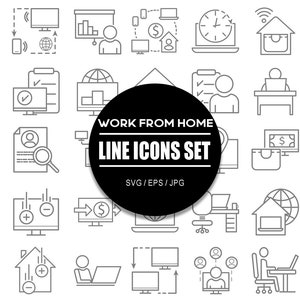 Könnte beinhalten: Ein Satz von 25 Schwarzweiß-Linien-Icons, die verschiedene Aspekte des Arbeitens von zu Hause aus darstellen, darunter ein Laptop, eine Uhr, ein Haus, ein Globus, ein Schreibtisch, ein Telefon, eine Person und ein Häkchen. Der Text "WORK FROM HOME LINE ICONS SET SVG/EPS/JPG" wird in einem schwarzen Kreis angezeigt.