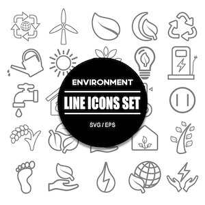 Puede incluir: Un conjunto de 24 iconos de línea en blanco y negro que representan temas ambientales. Los iconos incluyen una turbina eólica, una bombilla, un símbolo de reciclaje, una regadera, una hoja, un árbol, una casa, una huella, una mano sosteniendo una hoja, una gota de agua, un globo terráqueo y un sol. El texto "Environment Line Icons Set" se muestra en un círculo negro.