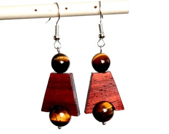 Lightweight Wooden dangle Earrings, Handmade Earrings, Exotic Wood Geometric Earrings, Gemstones Earrings