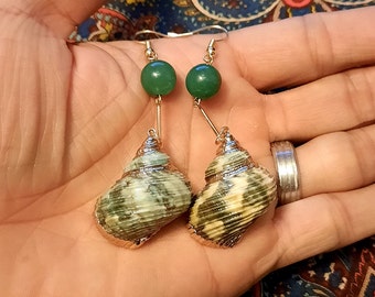 Golden Sea Shell Dangling Earrings, Natural Green Shell Earrings, Hand Made Earrings, Gemstones Earrings