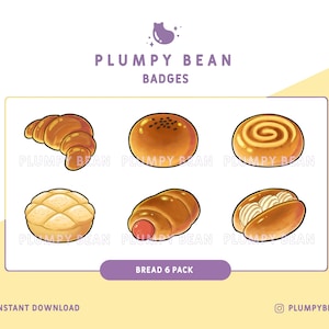 May include: Six illustrated bread badges, including a croissant, a round bun with sesame seeds, a swirl bun, a square bun with a crosshatch pattern, a hot dog bun, and a bun with a swirl of cream. The badges are labelled "Plumpy Bean" and "Bread 6 Pack".
