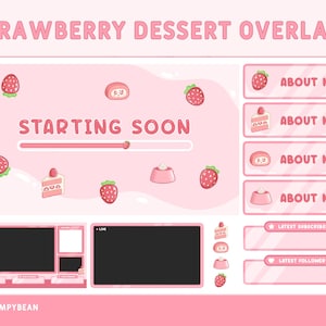 Twitch Stream Overlay Package - Cute Pink Strawberry Dessert