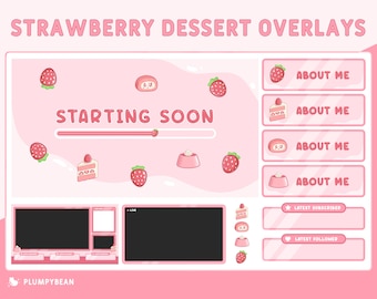 Twitch Stream Overlay Package - Cute Pink Strawberry Dessert