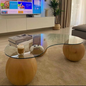 Lime Wood Ball Coffee Table: Modern Glass Top, Living Room Centerpiece