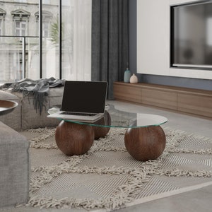 Wooden Ball Coffee Table: Modern Glass Top, Living Room Centerpiece