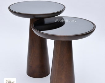 Handmade Mushroom Side Table: Dark Walnut Wood & Black Mirror