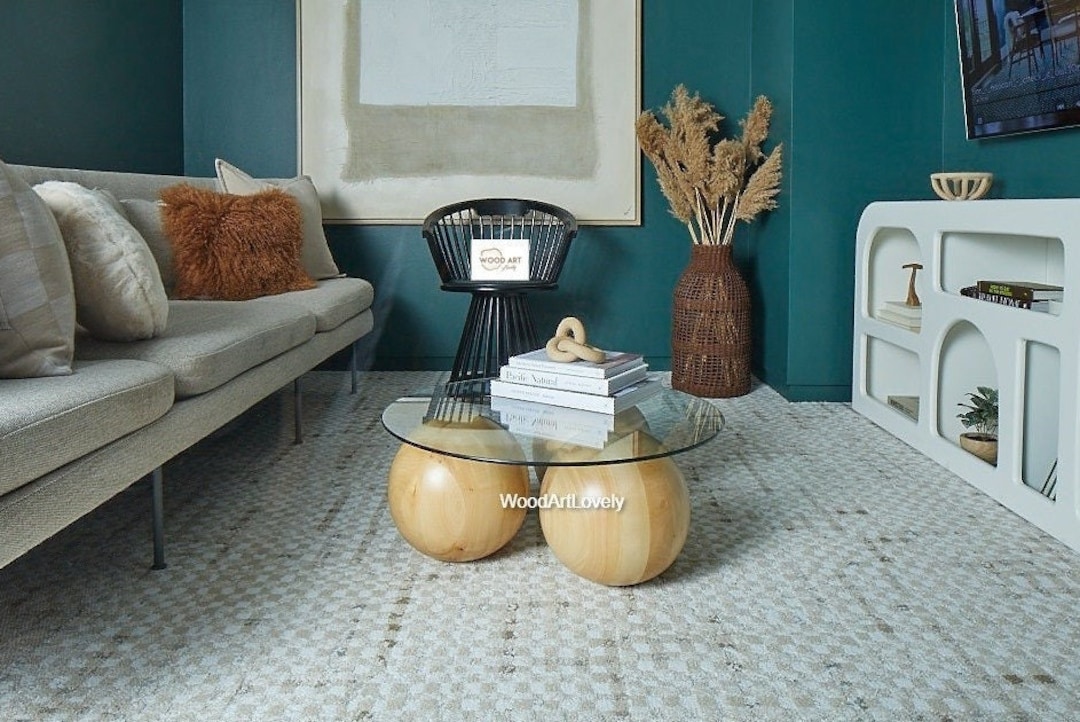 Glass Round Coffee Table, Wooden Ball Coffee Table, Living Room Center