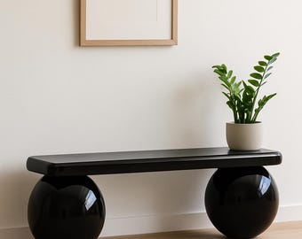 Glossy Black Bench – Lacquered Sphere Wood Bench, Modern Entryway Seating, Sculptural Handmade Furniture