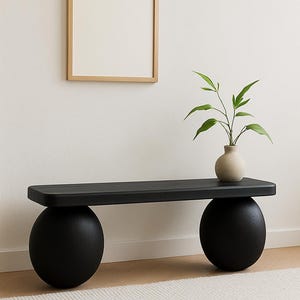 Matte Black Bench – Minimalist Wood Bench with Sphere Legs, Sculptural Entryway Furniture, Handmade Modern Seating