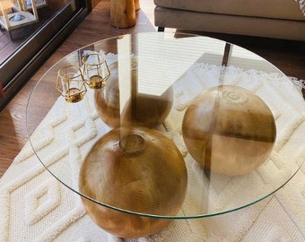 Round Glass Table with Wooden Collected, Living Room Center Table, Center Table Wooden Ball, Wooden Coffee Table, Home Gift, Wood Ball