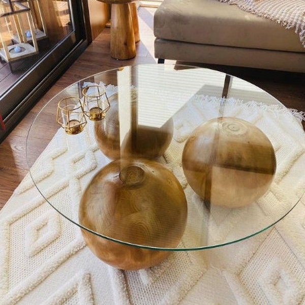Round Glass Table with Wooden Collected, Living Room Center Table, Center Table Wooden Ball, Wooden Coffee Table, Home Gift, Wood Ball