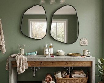 Organic Pebble Shape Mirror – Asymmetrical Wood Framed Vanity Mirror for Bathroom, Bedroom, Entryway Decor