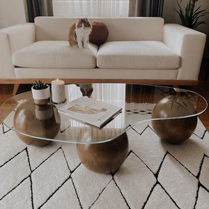 Wooden Ball Coffee Table: Glass Top, Modern Living Room Decor