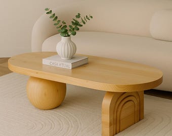 Handmade Oval Wood Coffee Table: Sculptural Ball & Arch Legs