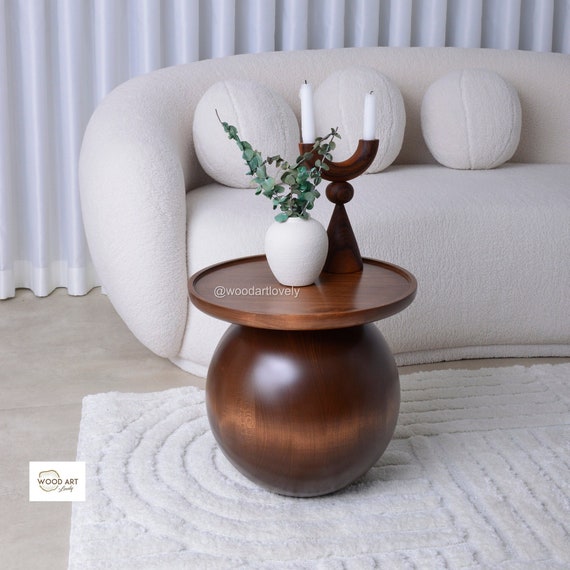 Wooden Ball Side Table: Walnut Finish, Modern Coffee Table (15 inch)