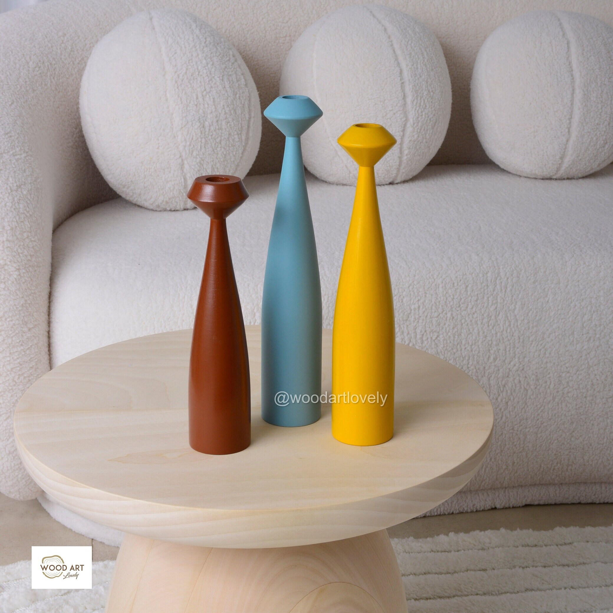 アースカラーの木製キャンドルホルダーセット：ブラウン、ブルー 