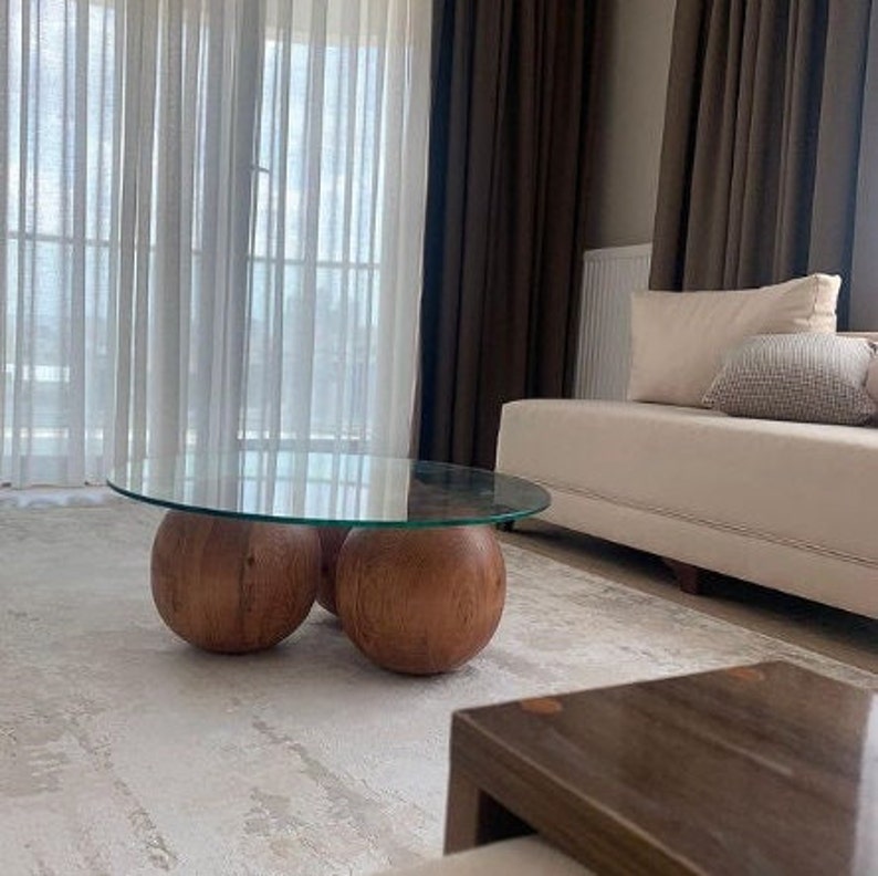 Round Glass Table With Wooden Collected Living Room Center Etsy