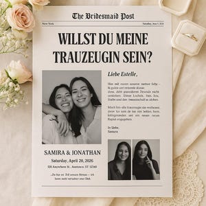 Uitnodiging voor bruidsmeisje als krant – Canva-sjabloon voor bewerking – DIY-huwelijkssjabloon