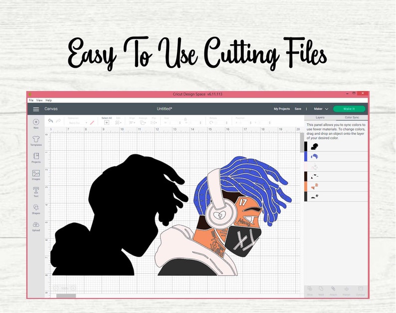 May include: A digital design file for a silhouette of two people with blue, black, white, and orange details. The design is shown in a Cricut Design Space interface.