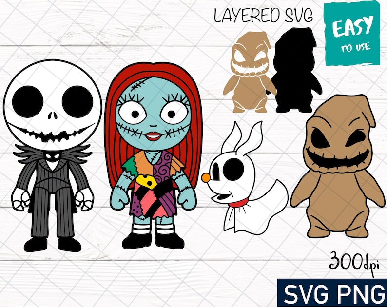May include: A layered SVG design featuring characters from the Nightmare Before Christmas. The characters include Jack Skellington, Sally, Zero, and Oogie Boogie. The design is perfect for creating custom crafts, decorations, and more.