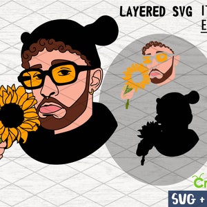 Bad Bunny con girasol SVG, Cricut svg, Clipart, Layered SVG, Archivos para Cricut, Archivos cortados, Silueta, Camiseta svg