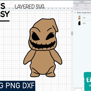 May include: A layered SVG cut file of a brown cartoon character with a stitched mouth and black eyes. The character is standing with its arms at its sides. The text "Baby Oogie Boogie" is visible in the image.