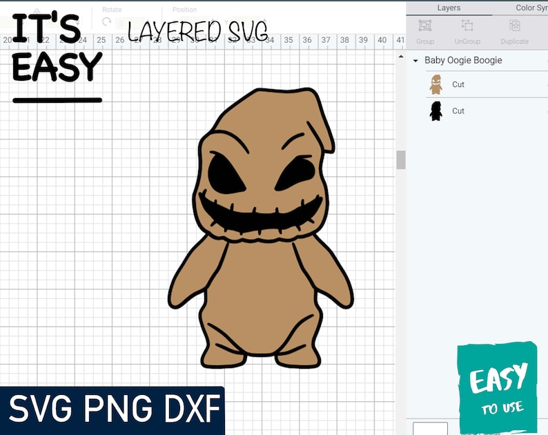 May include: A layered SVG cut file of a brown cartoon character with a stitched mouth and black eyes. The character is standing with its arms at its sides. The text "Baby Oogie Boogie" is visible in the image.