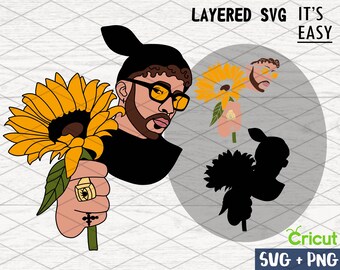 Bad Bunny with sunflower SVG, Cricut svg, Clipart, Layered SVG, Files for Cricut, Cut files, Silhouette, T Shirt svg sunflower