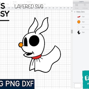 May include: A black and white illustration of a cartoon ghost dog with a red collar. The image is labeled "Baby Zero" and is part of a layered SVG design.