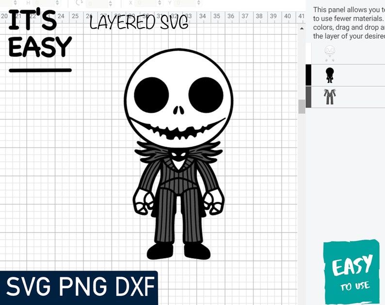 May include: Black and white digital illustration of a cartoon character with a striped suit and a large head. The character is standing with its arms at its sides. The text "IT'S EASY" is at the top of the image. The text "LAYERED SVG" is in the upper right corner of the image. The text "SVG PNG DXF" is at the bottom of the image. The text "EASY TO USE" is in the lower right corner of the image.