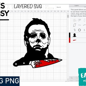 May include: Black and white layered SVG design of a masked figure holding a red knife. The design is labeled "It's Easy" and "Layered SVG".