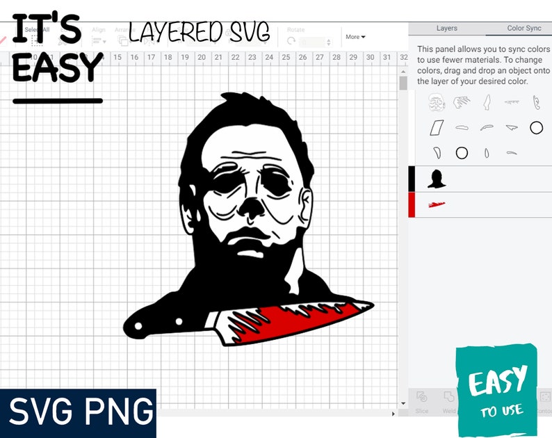 May include: Black and white layered SVG design of a masked figure holding a red knife. The design is labeled "It's Easy" and "Layered SVG".