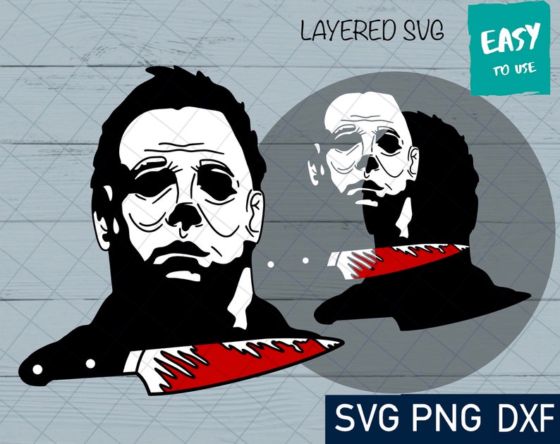 May include: Black and white silhouette of a horror movie character holding a bloody knife. The character has a mask with a wide, blank expression. The image is layered for easy cutting and crafting.