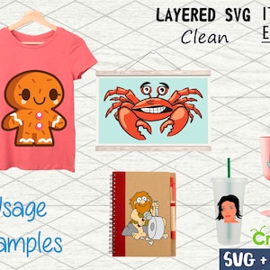 May include: A digital design bundle with layered SVG files for crafting. The bundle includes a gingerbread person, a crab, a person with a beard, and a woman's face. The text "LAYERED SVG IT'S EASY Clean" is at the top of the image. The text "Usage examples" is at the bottom of the image. The text "Cricut SVG + PNG" is at the bottom right of the image.