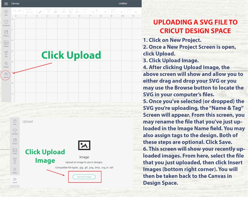 May include: A screenshot of a computer screen showing how to upload a SVG file to Cricut Design Space. The screen shows the steps to upload a file, including clicking the "Upload" button, selecting the file, and renaming it. The text "Click Upload" is highlighted in green.