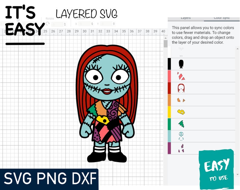 May include: A layered SVG design of a cartoon character with red hair, a blue dress, and black shoes. The design is labeled "It's Easy" and "Layered SVG".