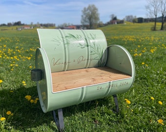 Bench \\ Seating \\ Barrel furniture \\ Garden bench \\ Wedding made from 200l recycled oil barrel