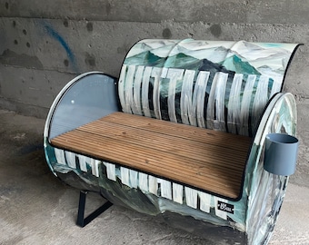 Bench \\ Bench \\ Barrel Furniture \\ Garden Bench \\ Family name made from 200l recycled oil barrel