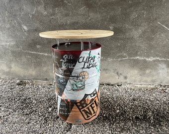 Standing table \\ Barrel furniture \\ Barrel table individually made from 200l recycled oil barrel