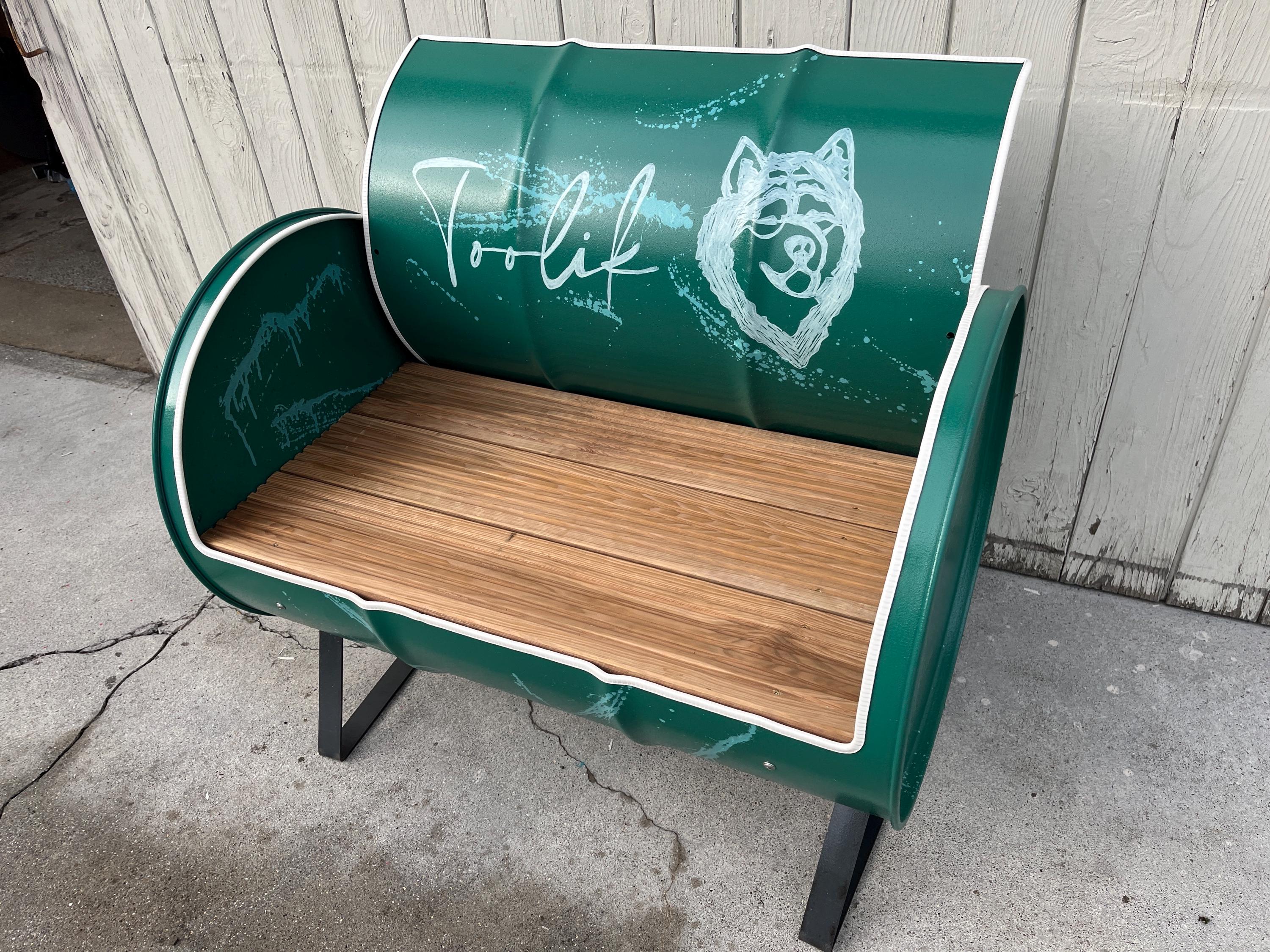 Bench \\ Seating bench \\ Barrel furniture \\ Garden bench \\ Family name  from 200l recycled oil barrel