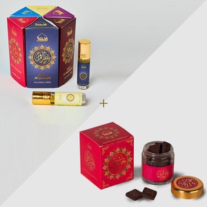 Arabic Attar Perfume Oil Fragrance & Yemeni Oud Bakhoor Arabic Incense | Collection gift set, 6 mini wrist roll on | Thiouraye Turaren Wuta
