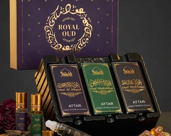 Royal Oud Attar Oil Set by Dukhni | Arab Perfume Oils | 3 Assorted Roll-Ons (6ml) | Oudh Fragrances for Men & Women | Halal, Vegan, Gift Set