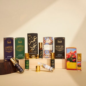 Maamoul Attar Oil Set by Dukhni | 6 mini roll-on perfumes (6ml) | Arabian oud oil, halal vegan scents | Islamic gift for Eid and Ramadan