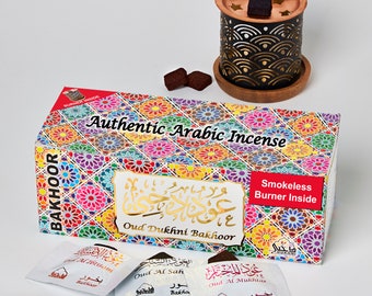 Oud Bakhoor & Burner Set | Religious Incense | Starter Pack for Prayer, Relaxation, Meditation, Natural Arabic Home Fragrance | Eid Gifts