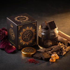 May include: A black box and a glass jar filled with dark brown oud bakhoor. The box has gold and red accents and the text "Sheeba Bakhoor" and "Oud Bakhoor". Also shown are wood chips, amber stones, saffron, and rose petals.